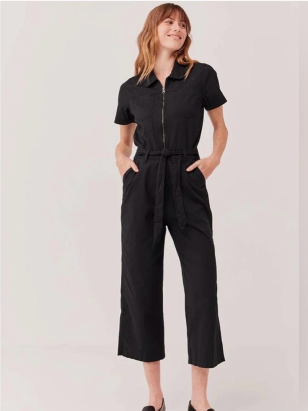 Pact Black Short-Sleeve Utility Jumpsuit with Tie Waist